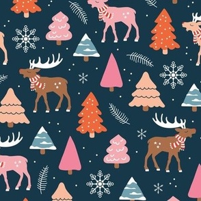 Reindeer woodland and Christmas trees in a winter wonderland boho holidays pink orange blush on navy blue
