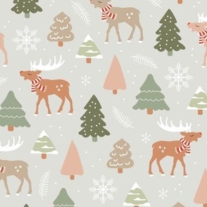 Reindeer woodland and Christmas trees in a winter wonderland boho holidays vintage mist mint sage green