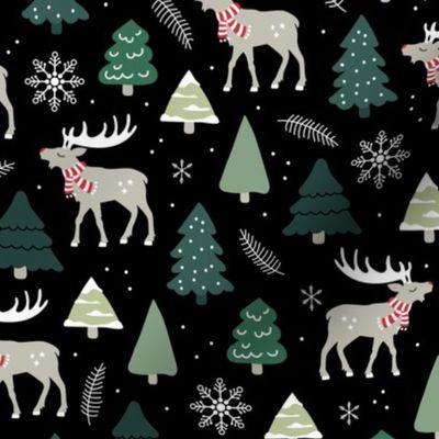 Reindeer woodland and Christmas trees in a winter wonderland boho holidays green minst pine on black