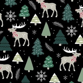 Reindeer woodland and Christmas trees in a winter wonderland boho holidays green minst pine on black