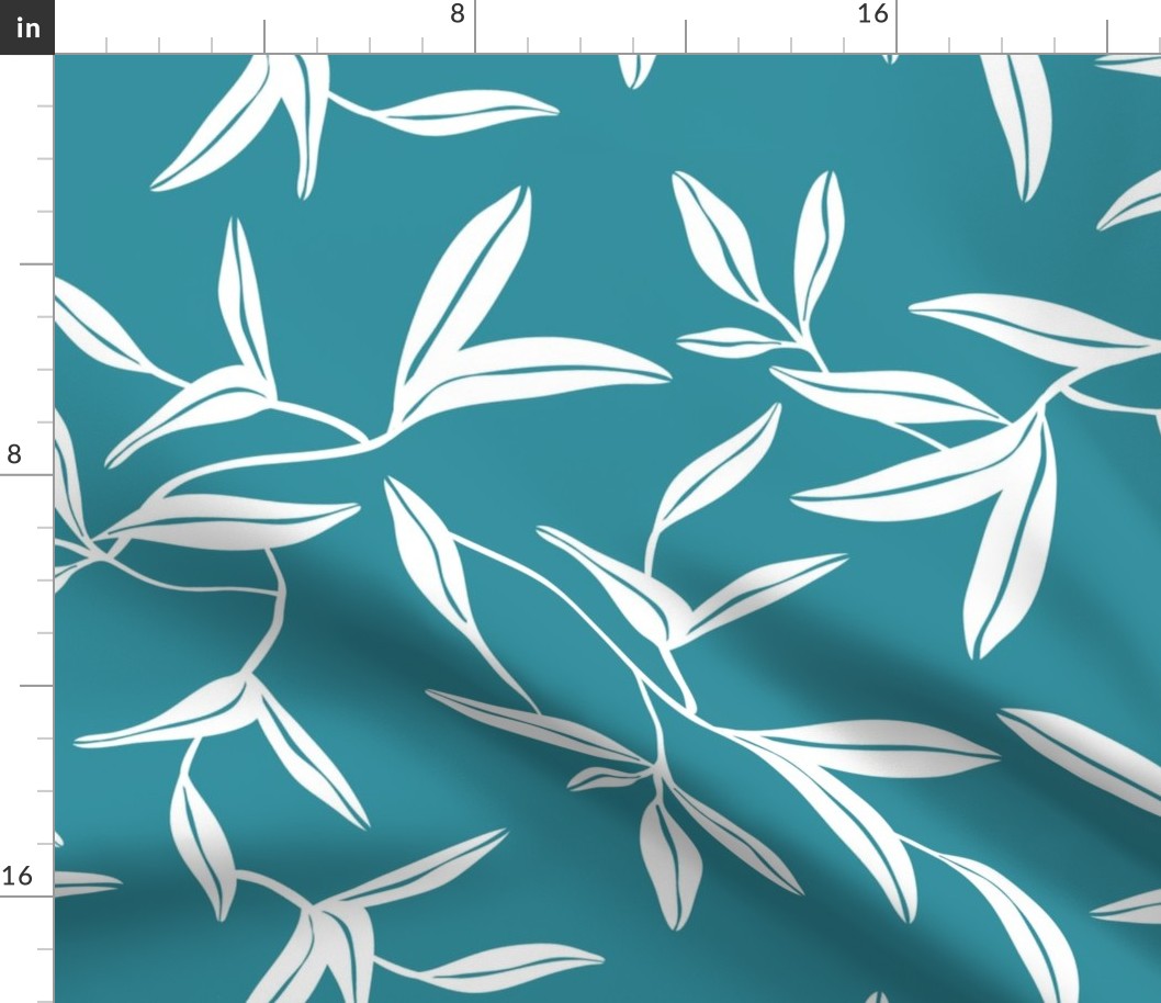 Windham - Botanical Leaves Teal White Large Scale