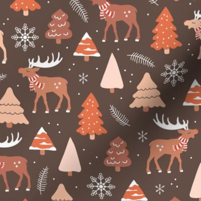Reindeer woodland and Christmas trees in a winter wonderland boho holidays vintage seventies brown orange beige blush