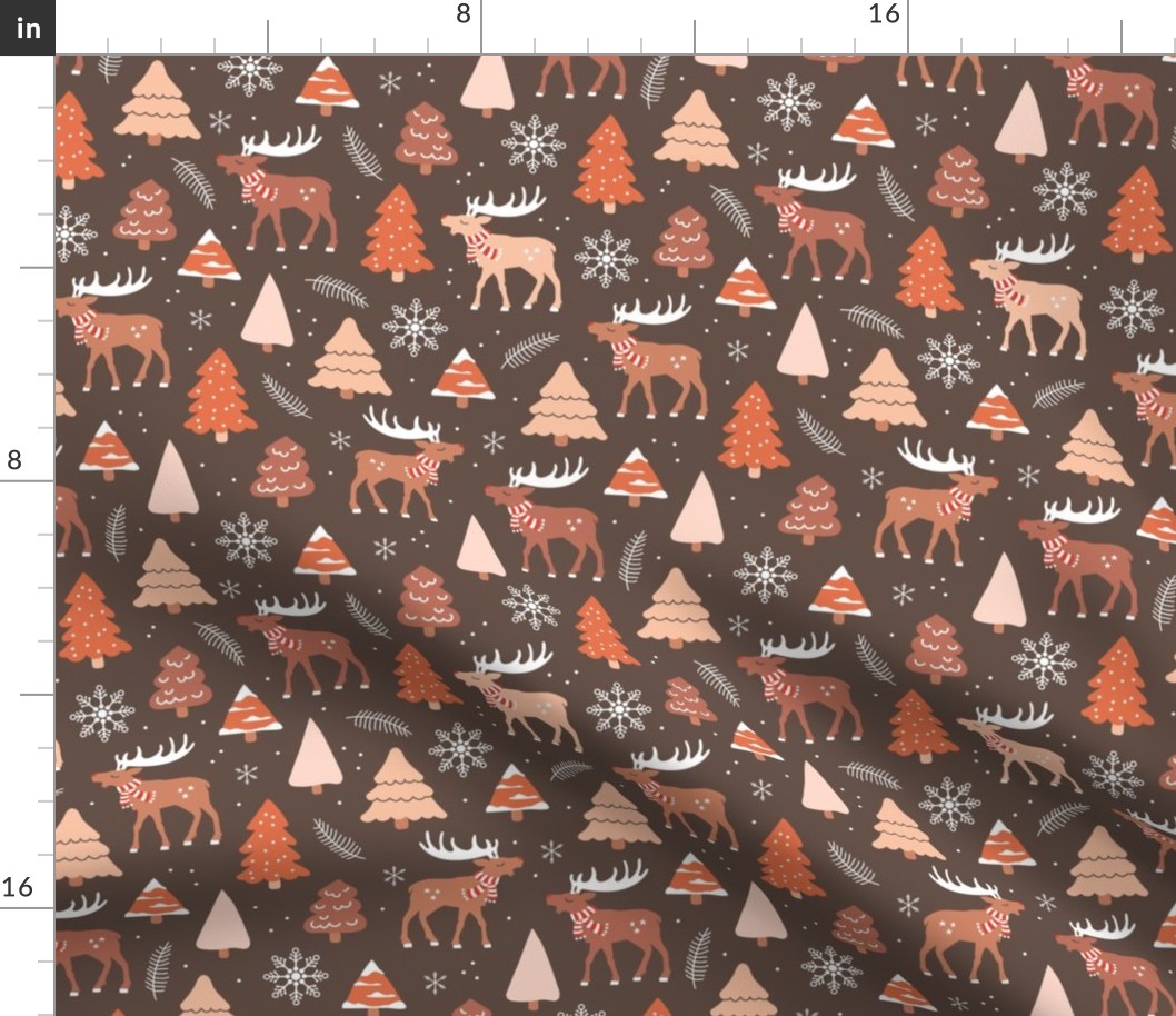 Reindeer woodland and Christmas trees in a winter wonderland boho holidays vintage seventies brown orange beige blush