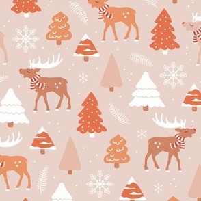 Reindeer woodland and Christmas trees in a winter wonderland boho holidays vintage seventies orange beige blush girls pastel