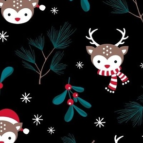 Vintage boho Christmas reindeer in Santa hats seasonal garden animal design with mistletoe and winter twigs on black LARGE