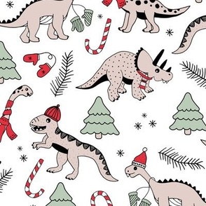 Vintage boho Christmas dinos in Santa hats seasonal garden animal design with winter twigs and gloves on white 
