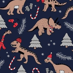 Vintage boho Christmas dinos in Santa hats seasonal garden animal design with winter twigs and gloves in slate grey and sand on navy