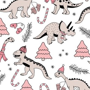 Vintage boho Christmas dinos in Santa hats seasonal garden animal design with winter twigs and gloves in faded pink and sand on white