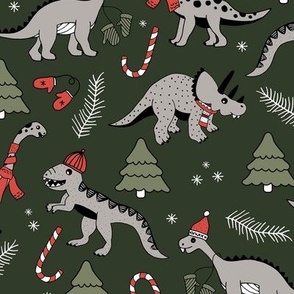 Vintage boho Christmas dinos in Santa hats seasonal garden animal design with winter twigs and gloves in slate grey on forest green