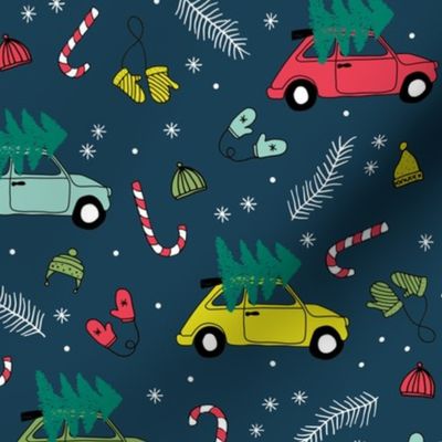 Vintage boho Christmas trees seasonal garden cars design and candy with winter twigs and gloves in yellow sage green and red on navy LARGE