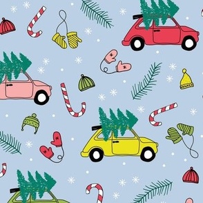 Vintage boho Christmas trees seasonal garden cars design and candy with winter twigs and gloves in yellow pink green and red on baby blue LARGE