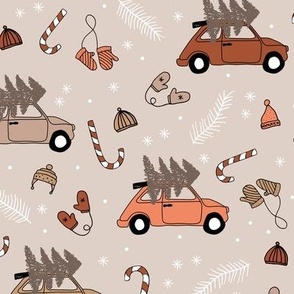 Vintage boho Christmas trees seasonal garden cars design and candy with winter twigs and gloves in cinnamon burnt orange latte beige on moody pink LARGE