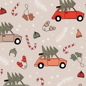 Vintage boho Christmas trees seasonal garden cars design and candy with winter twigs and gloves in burnt orange red sage latte on faded pink LARGE