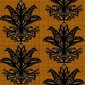 Joyful Tropical Birds -Brown and Black and Gray and Rust tones