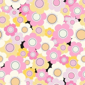 Yellow and pink flowers over black background floral pattern