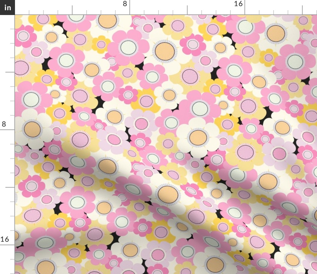 Yellow and pink flowers over black background floral pattern