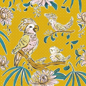 cockatoo  & baby parrots  on yellow vintage mustard tropical  jungle_Baby Animals _ large scale