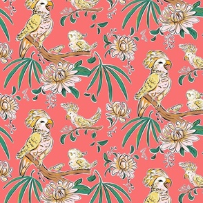 cockatoo  & baby parrots   tropical  jungle _ vibrant coral peach background_ large scale