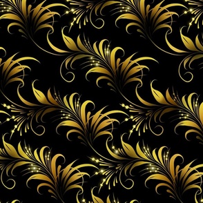 (Medium scale) Curly floral in golden on black/ mustard yellow 