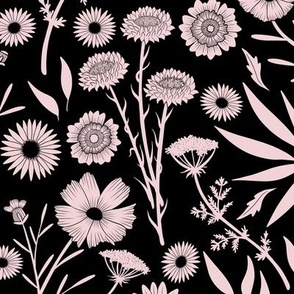 Cotton Candy Pink Wildflower Silhouettes in Black