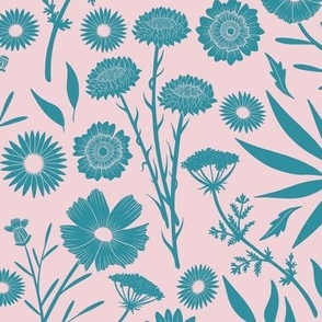 Lagoon Blue Wildflower Silhouettes in Cotton Candy Pink