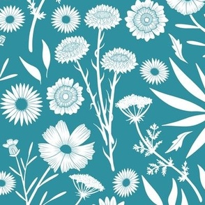 White Wildflower Silhouettes in Lagoon Blue