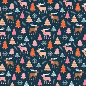Reindeer woodland and Christmas trees in a winter wonderland boho holidays pink orange blush on navy blue SMALL