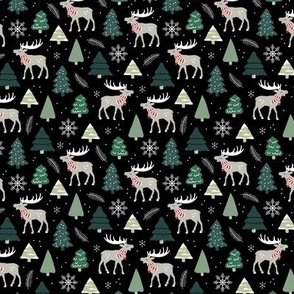 Reindeer woodland and Christmas trees in a winter wonderland boho holidays green minst pine on black SMALL