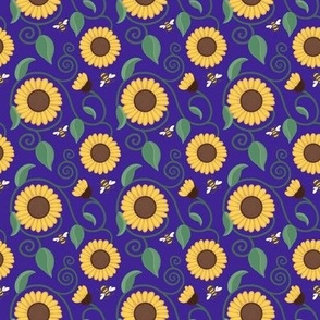 Art nouveau fluffy sunflowers on indigo 
