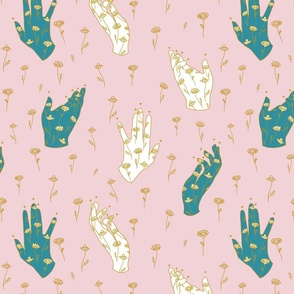 Magical Hands with Chamomile Drawings Lineart on Cotton Pink seamless pattern background. 