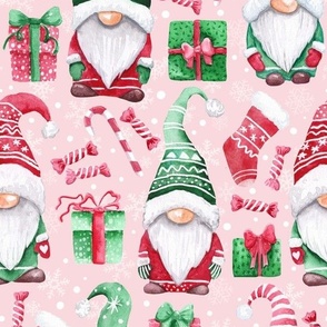 Watercolor Christmas gnomes dusty pink