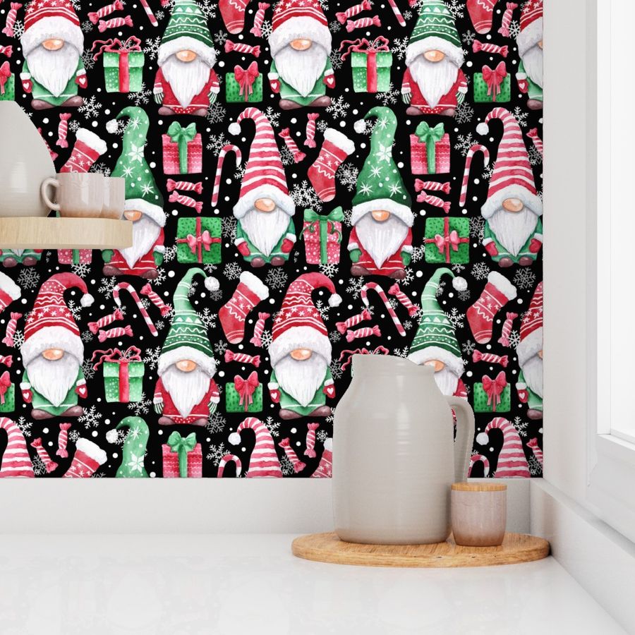 Watercolor Christmas gnomes black