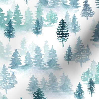 watercolor forest trees -Woodland, Winter, Christmas bluish green