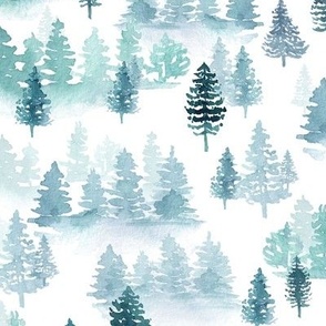 watercolor forest trees -Woodland, Winter, Christmas bluish green