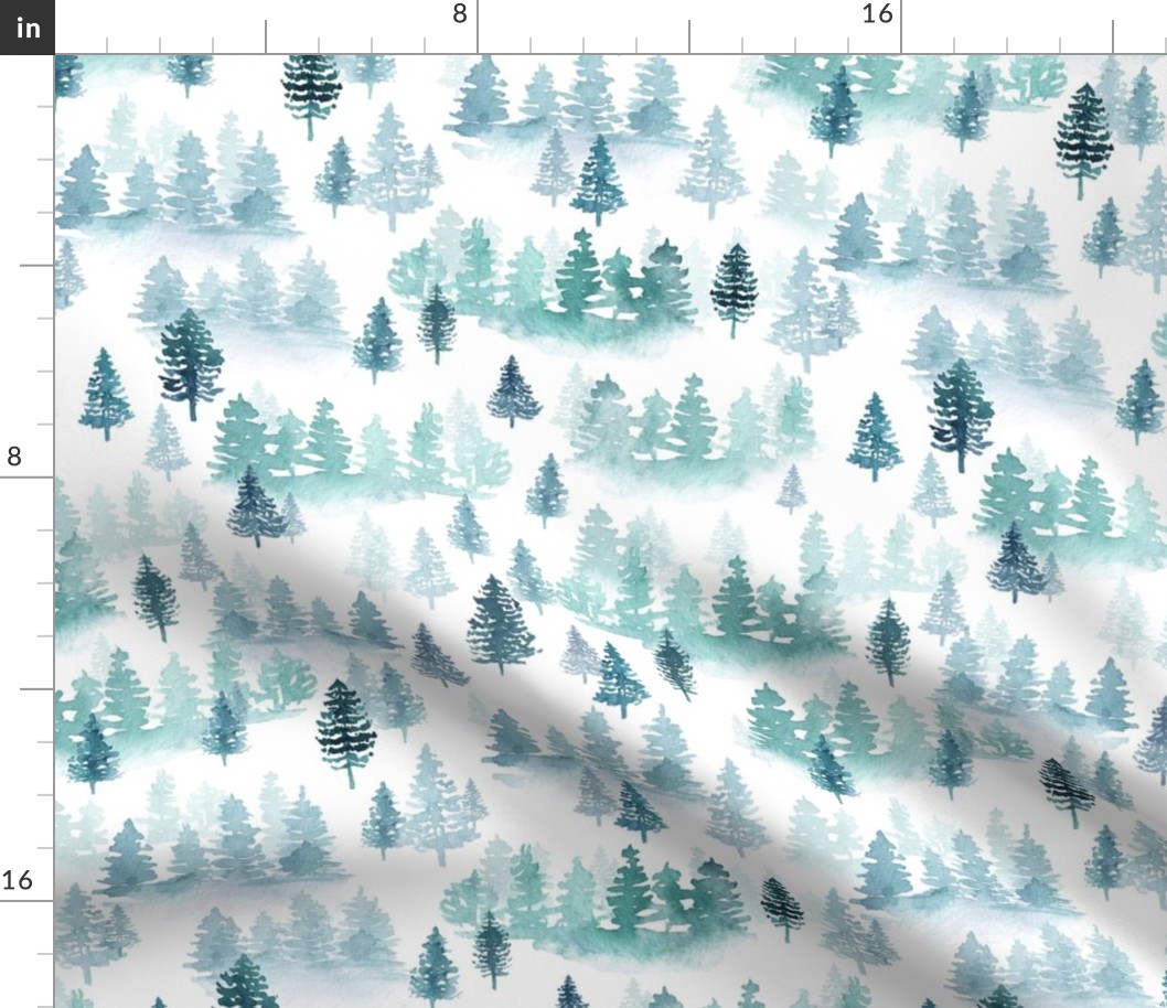 watercolor forest trees -Woodland, Winter, Christmas bluish green