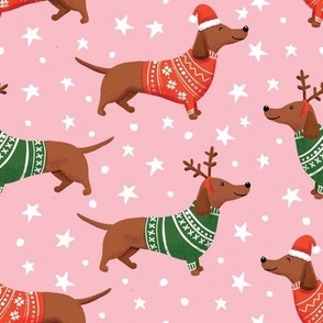 dachshund dog christmas fabric - dachshund fabric, christmas dog fabric, holiday fabric - dusty pink
