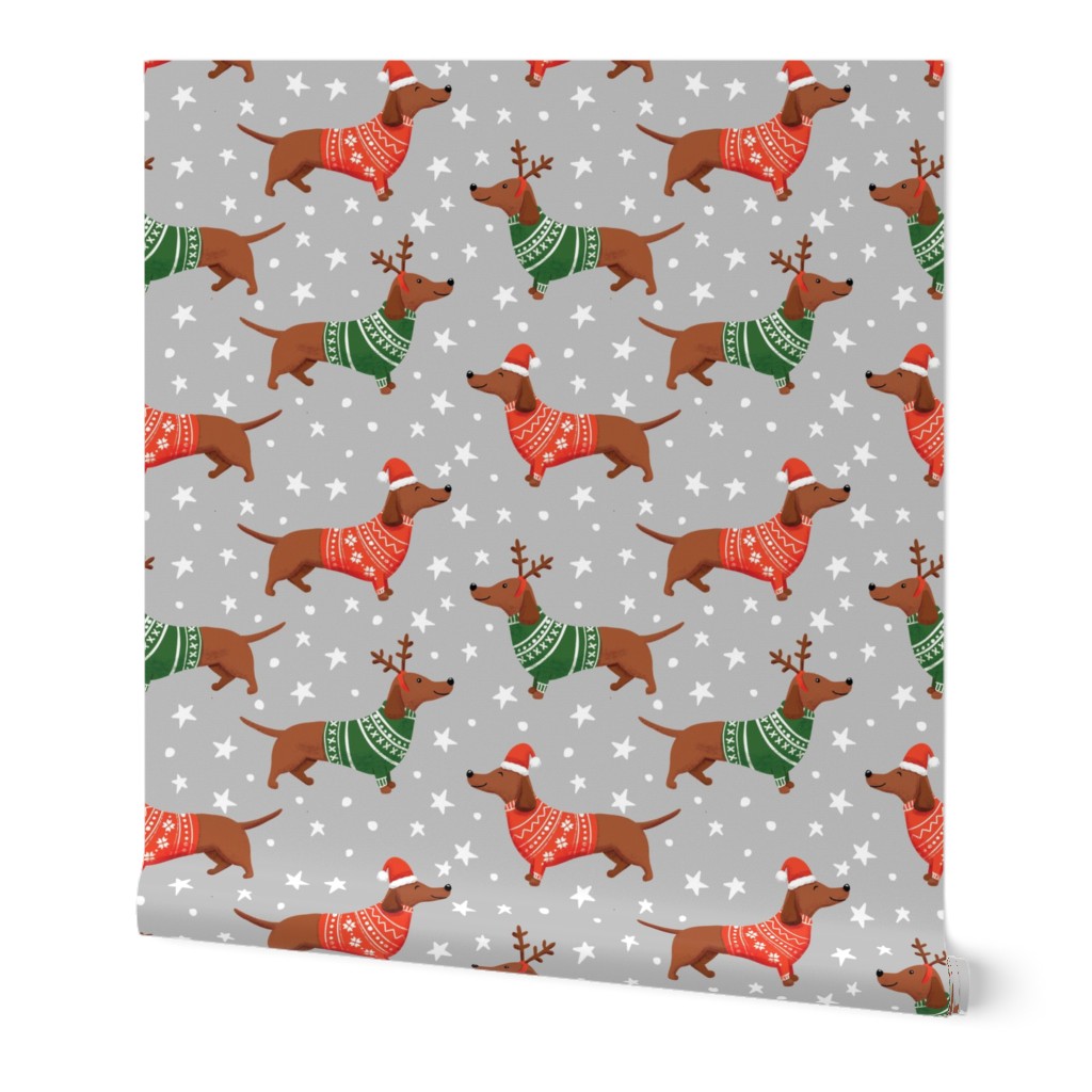 dachshund dog christmas fabric - dachshund fabric, christmas dog fabric, holiday fabric - gray