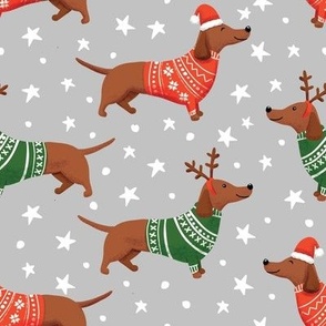 dachshund dog christmas fabric - dachshund fabric, christmas dog fabric, holiday fabric - gray