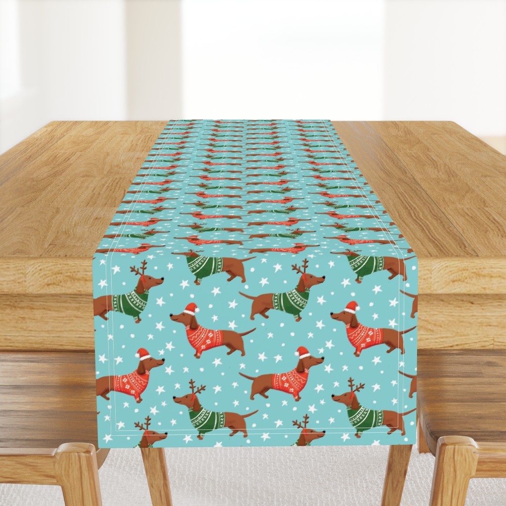 dachshund dog christmas fabric - dachshund fabric, christmas dog fabric, holiday fabric - blue