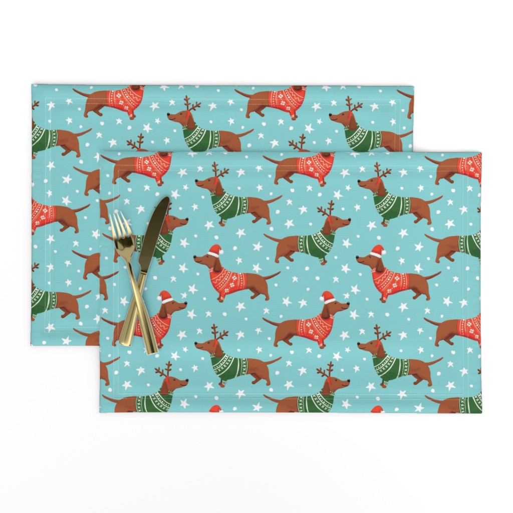 dachshund dog christmas fabric - dachshund fabric, christmas dog fabric, holiday fabric - blue