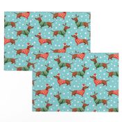 dachshund dog christmas fabric - dachshund fabric, christmas dog fabric, holiday fabric - blue