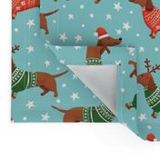 dachshund dog christmas fabric - dachshund fabric, christmas dog fabric, holiday fabric - blue