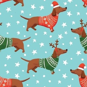 dachshund dog christmas fabric - dachshund fabric, christmas dog fabric, holiday fabric - blue