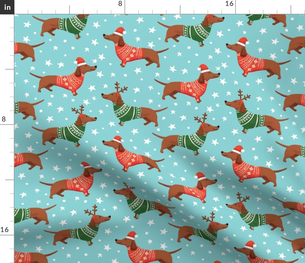dachshund dog christmas fabric - dachshund fabric, christmas dog fabric, holiday fabric - blue