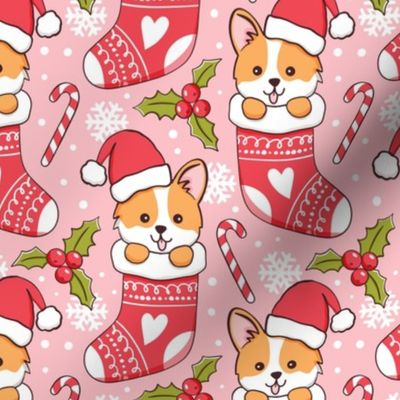 Cute Corgi Christmas stocking blush pink