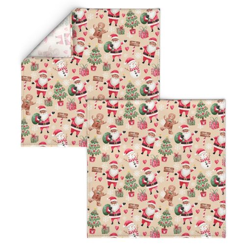 Cute watercolor black santa beige christmas fabric