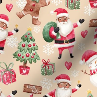 Cute watercolor black santa beige christmas fabric