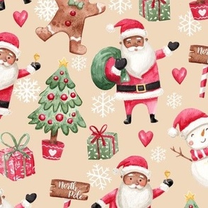 Cute watercolor black santa beige christmas fabric