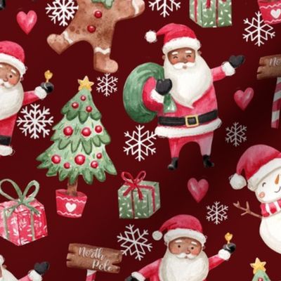 Cute watercolor black santa dark red christmas fabric