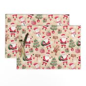 Cute watercolor santa with friends Christmas fabric beige